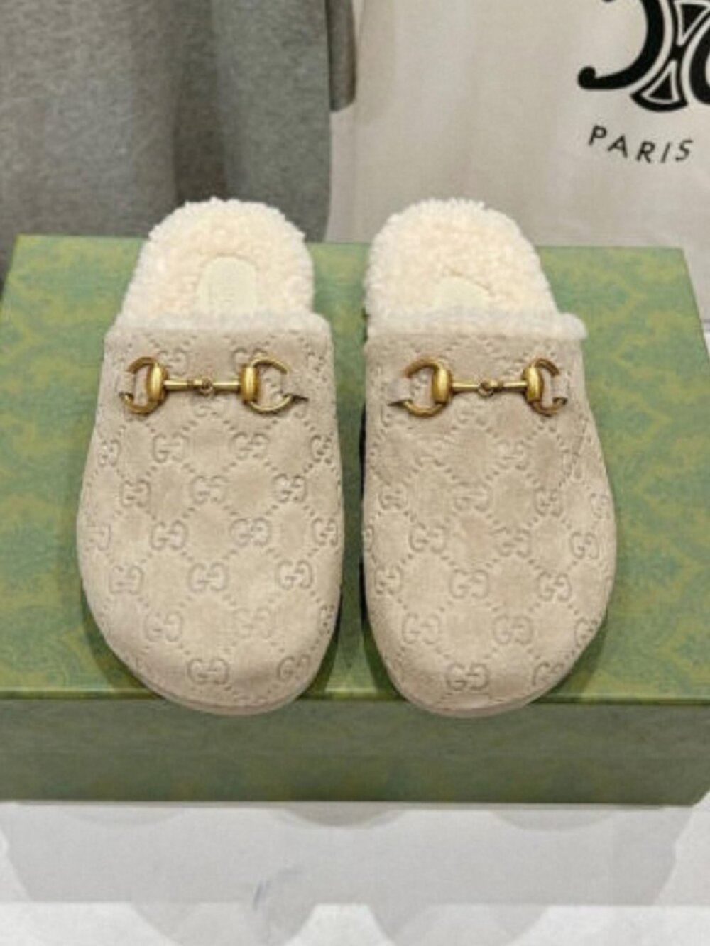Gucci Horsebit GG Suede Wool Mules - Beige